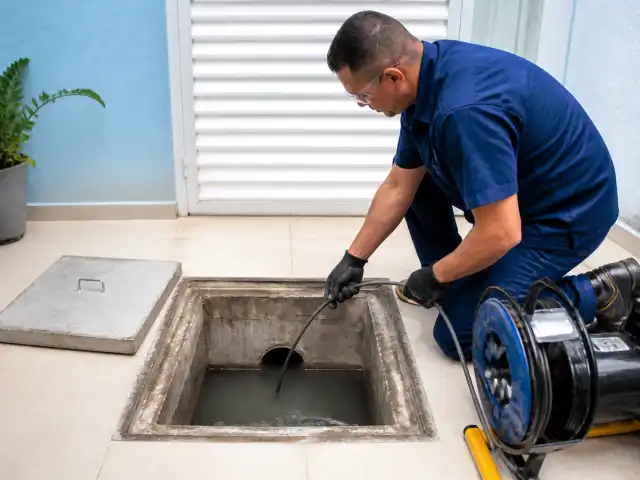Caixa de inspeção de esgoto aberta em calçada com a tampa de concreto ao lado