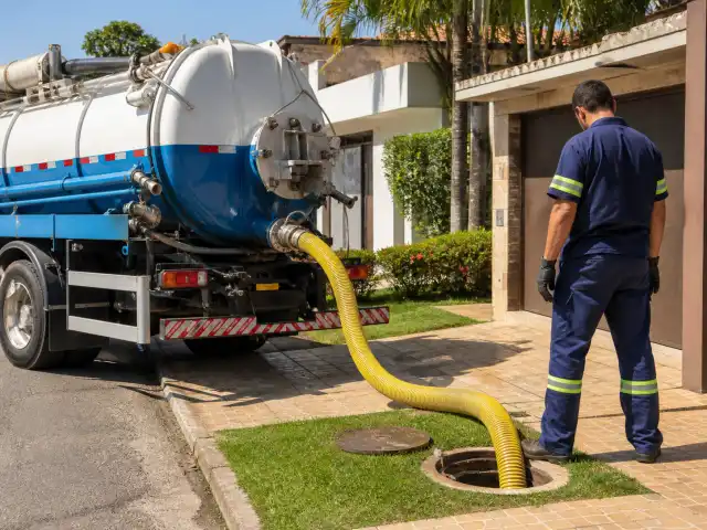 Caminhão de limpa fossa realizando a sucção do resíduo